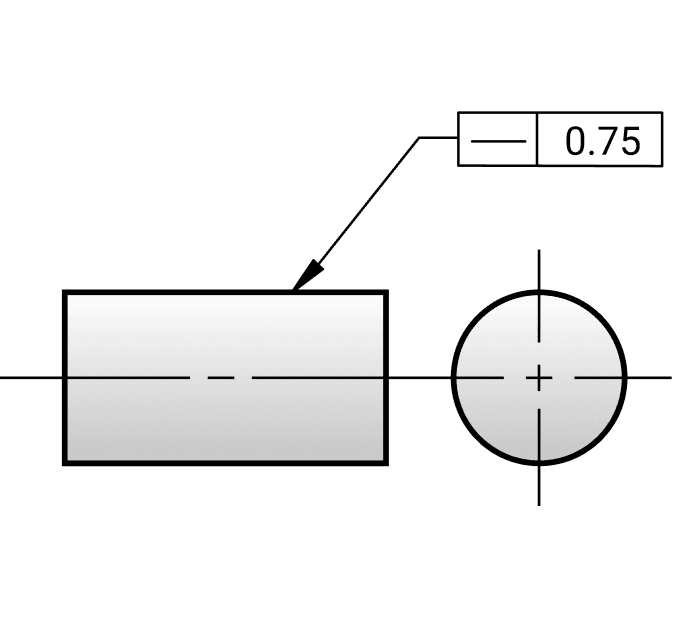 Straightness on a drawing: a leader from the controlled feature to a feature control frame reading straightness 0.75.