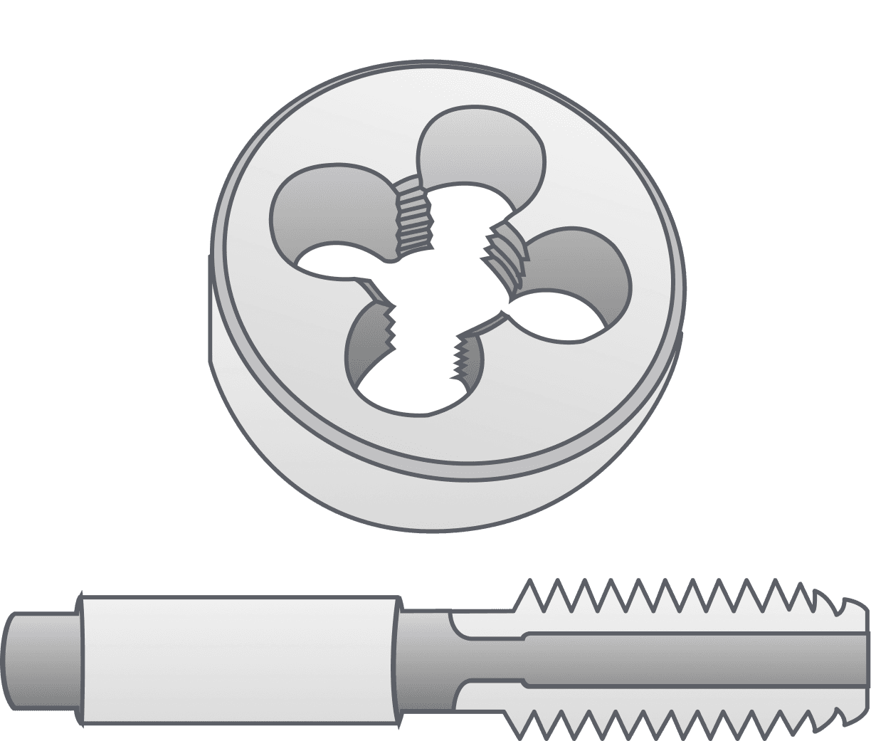 A round threading die above a spiral-fluted tap, the two cutting tools that form external and internal threads.